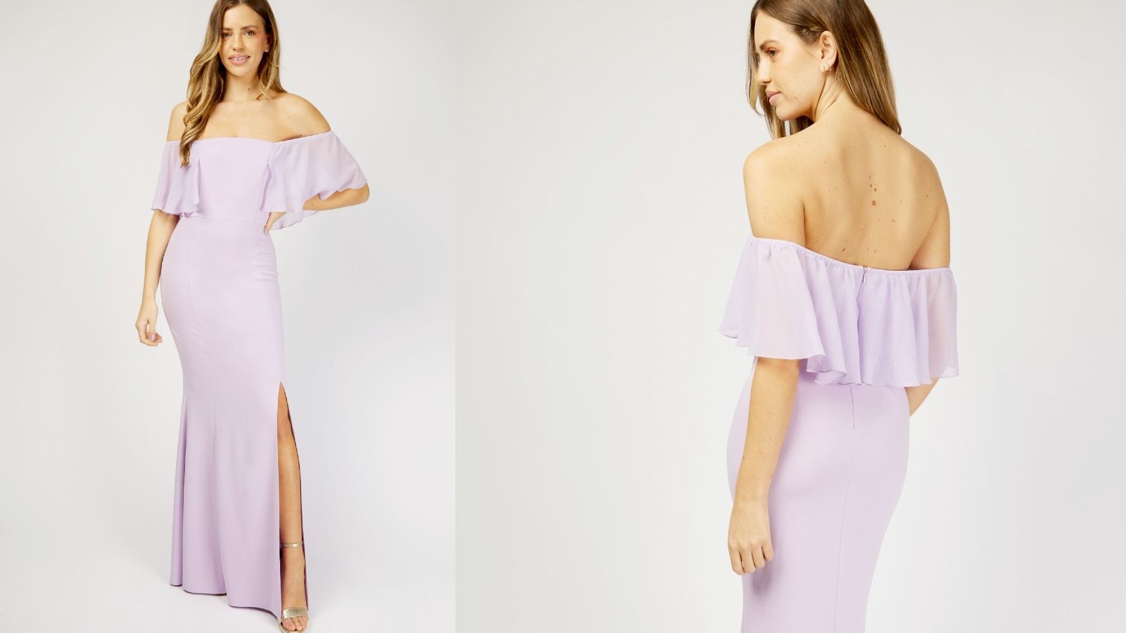 Little Mistress Lilac Bardot Maxi Bridesmaid Dress
