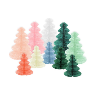 A set of various sized honeycomb Christmas trees made of rainbow paper