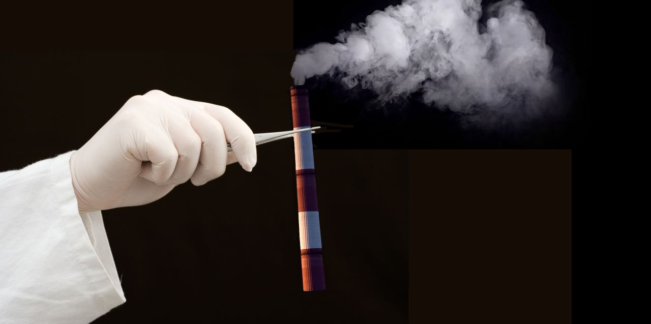 Scientist uses tweezers to hold a test tube thats actually a smokestack because science isnt a substitute for cutting emissions