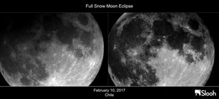 A labeled close-up comparison view of the Snow Moon penumbral lunar eclipse captured by the Slooh Community Observatory on Feb. 10, 2017 during the relatively minor eclipse. The image was taken by a Slooh.com telescope in Chile.