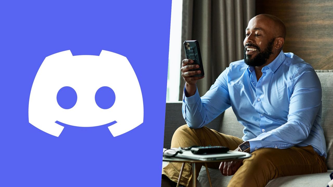 Discord logo / man happy with phone