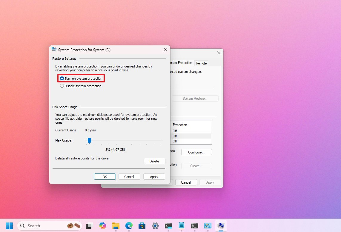 Turn on system protection