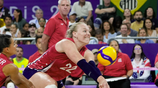 Kathryn Plummer of Team United States handles the ball ahead of the USA vs Italy women’s volleyball final at Olympics 2024