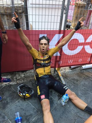Wout Van Aert celebrates Strade Bianche 2020 victory
