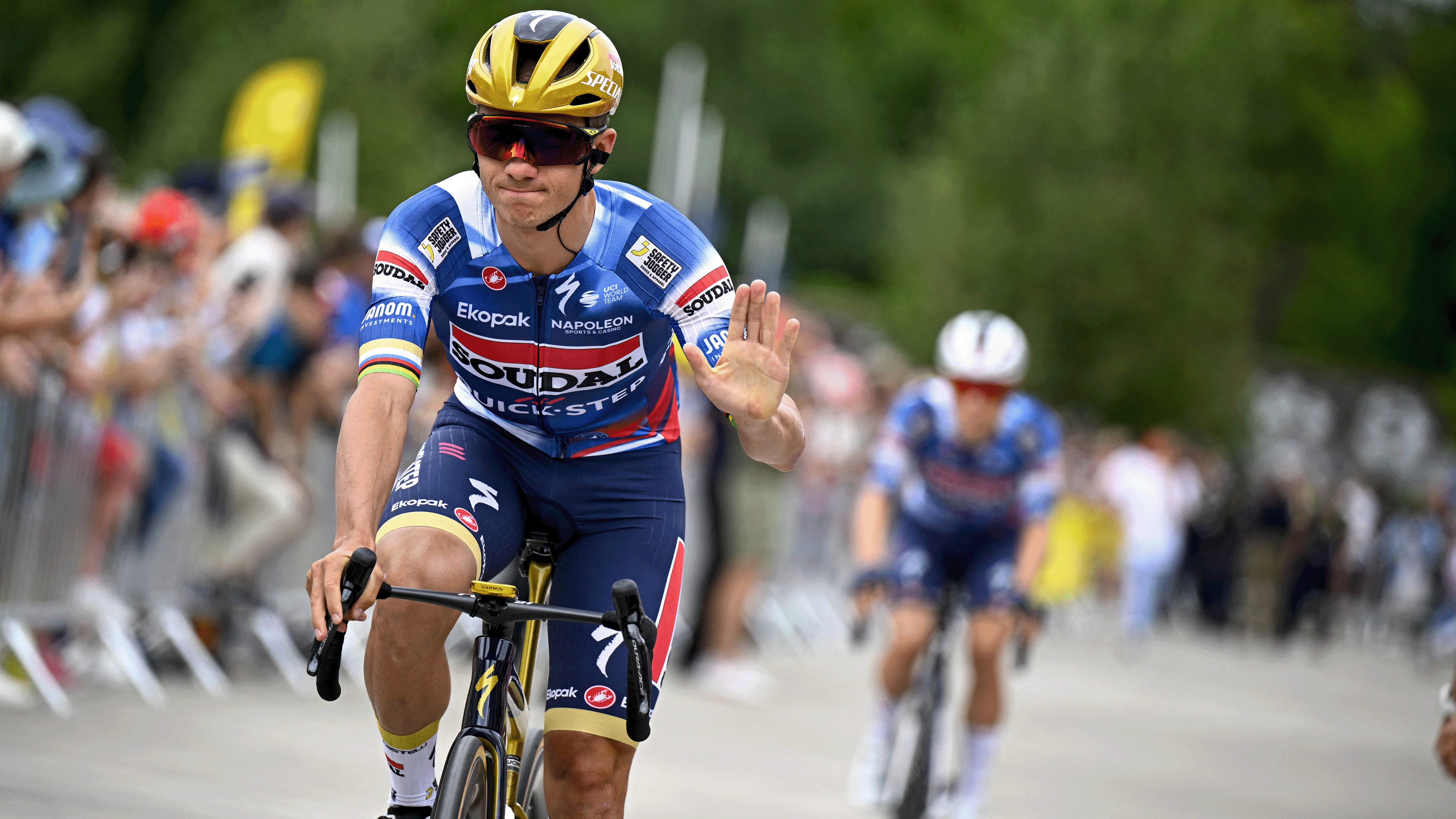 Belgian Remco Evenepoel of Soudal Quick-Step pictured at the start of the first stage, Lille Metropole to Lille Metropole (185 km), of the 2025 Tour de France cycling race, in Lille, France, on Saturday 05 July 2025. The 112th edition of the Tour de France starts on Saturday 5 July in Lille, France, and will finish in Paris, France on the 27th of July. BELGA PHOTO JASPER JACOBS (Photo by JASPER JACOBS / BELGA MAG / Belga via AFP) (Photo by JASPER JACOBS/BELGA MAG/AFP via Getty Images)