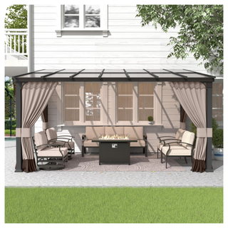 A wall-mounted hardtop pergola