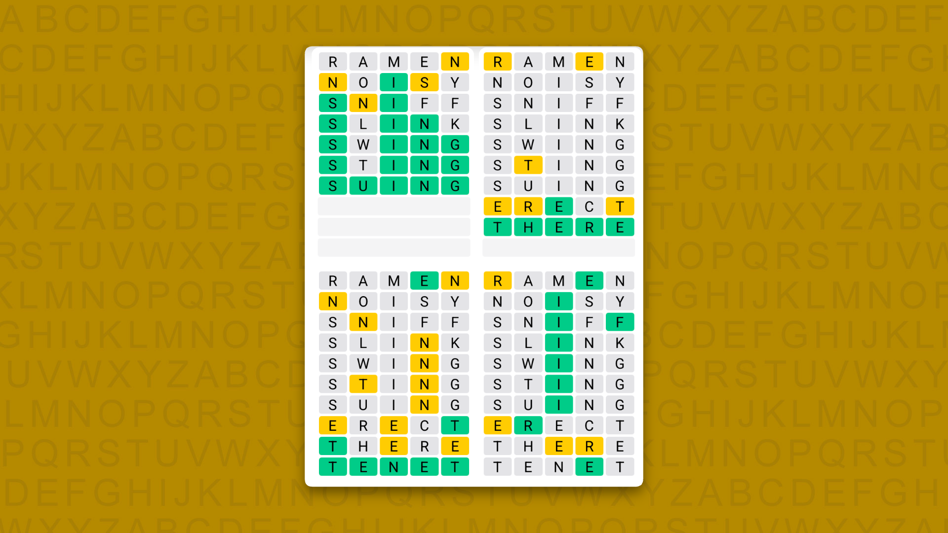 Quordle Daily Sequence answers for game 1734 on a yellow background