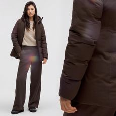 Model wearing a brown puffer coat and lululemon loungewear on a light grey background