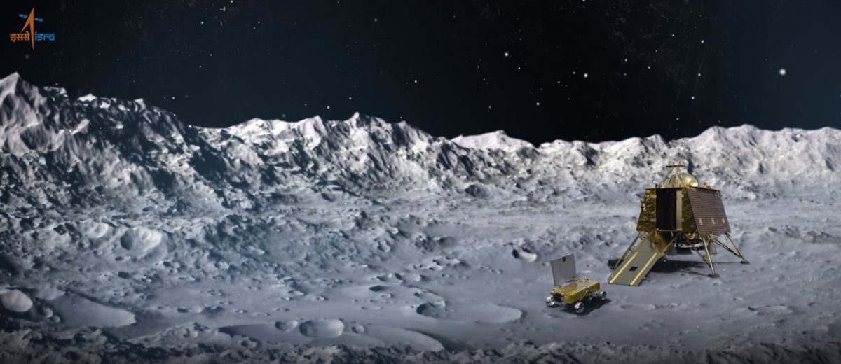 An artist&#039;s depiction of India&#039;s Chandrayaan-2 lander and rover on the surface of the moon, near its south pole.