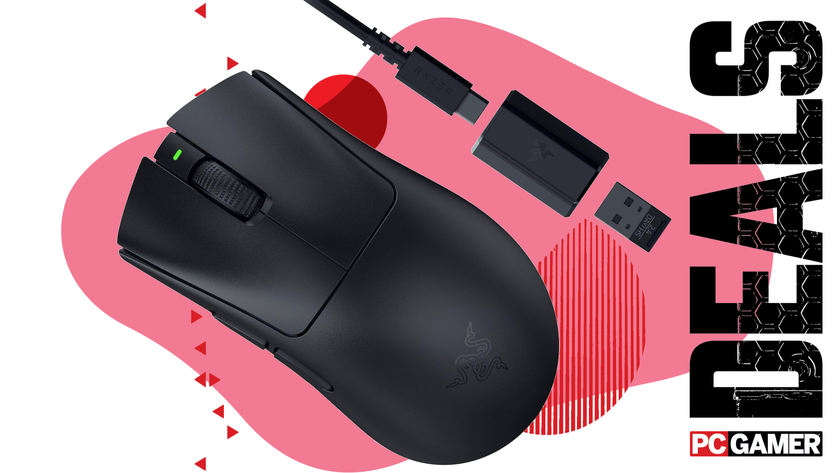 The Razer DeathAdder V3 HyperSpeed Wireless Gaming Mouse floats alongside its cable and 2.4 GHz wireless dongle in the funky PC G deals void.