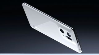 An Oppo Find X5 Pro from the back in a white shade