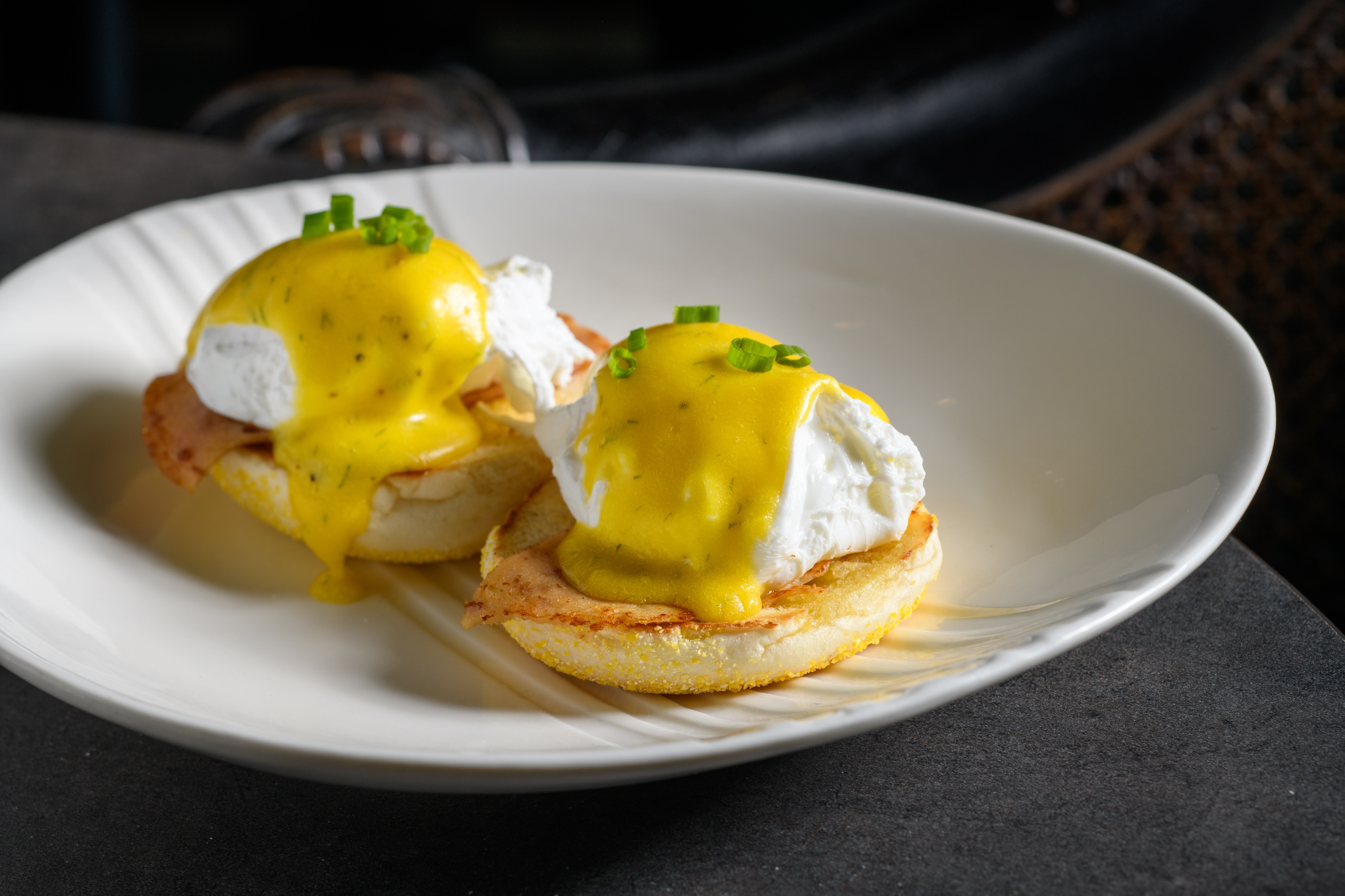 Close up of eggs benedict on a plate