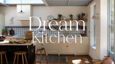 A large kitchen with white walls, yellow cabinets, and a blue and white patterned backsplash with a 'dream kitchen' overlay