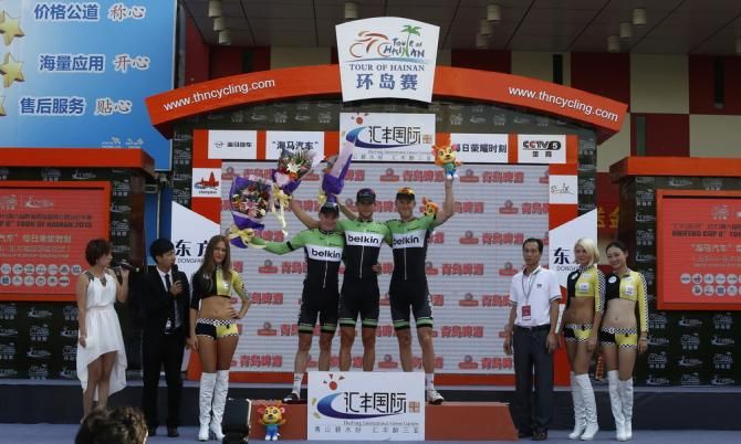 A clean sweep of the podium for Belkin in stage 7 at the Tour of Hainan (L-R): Moreno Hofland, Theo Bos and Lars Boom