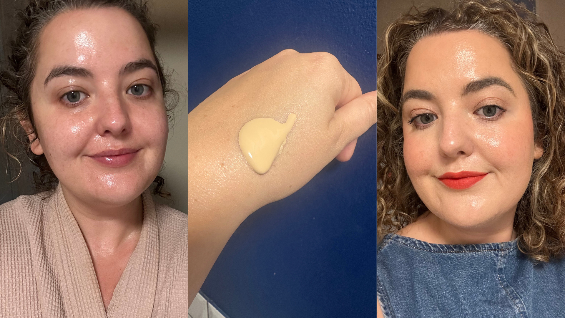 Trio of images showing Rhiannon before applying Estee Lauder Double Wear Foundation (left) a swatch of the product on the back of her hand (centre) and after applying the product with a full face of makeup (right)