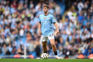 MANCHESTER, ENGLAND - AUGUST 24: James McAtee of Man City in action during the Premier League match between Manchester City FC and Ipswich Town FC at Etihad Stadium on August 24, 2024 in Manchester, England. (Photo by Michael Regan/Getty Images)