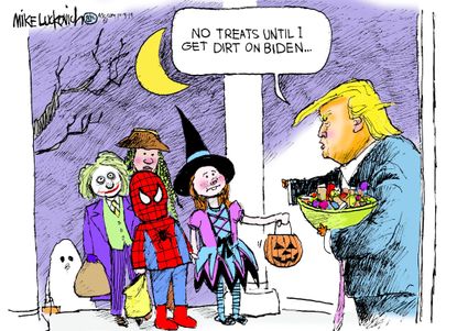 Political Cartoon U.S. Trump Trick Or Treat Biden Dirt