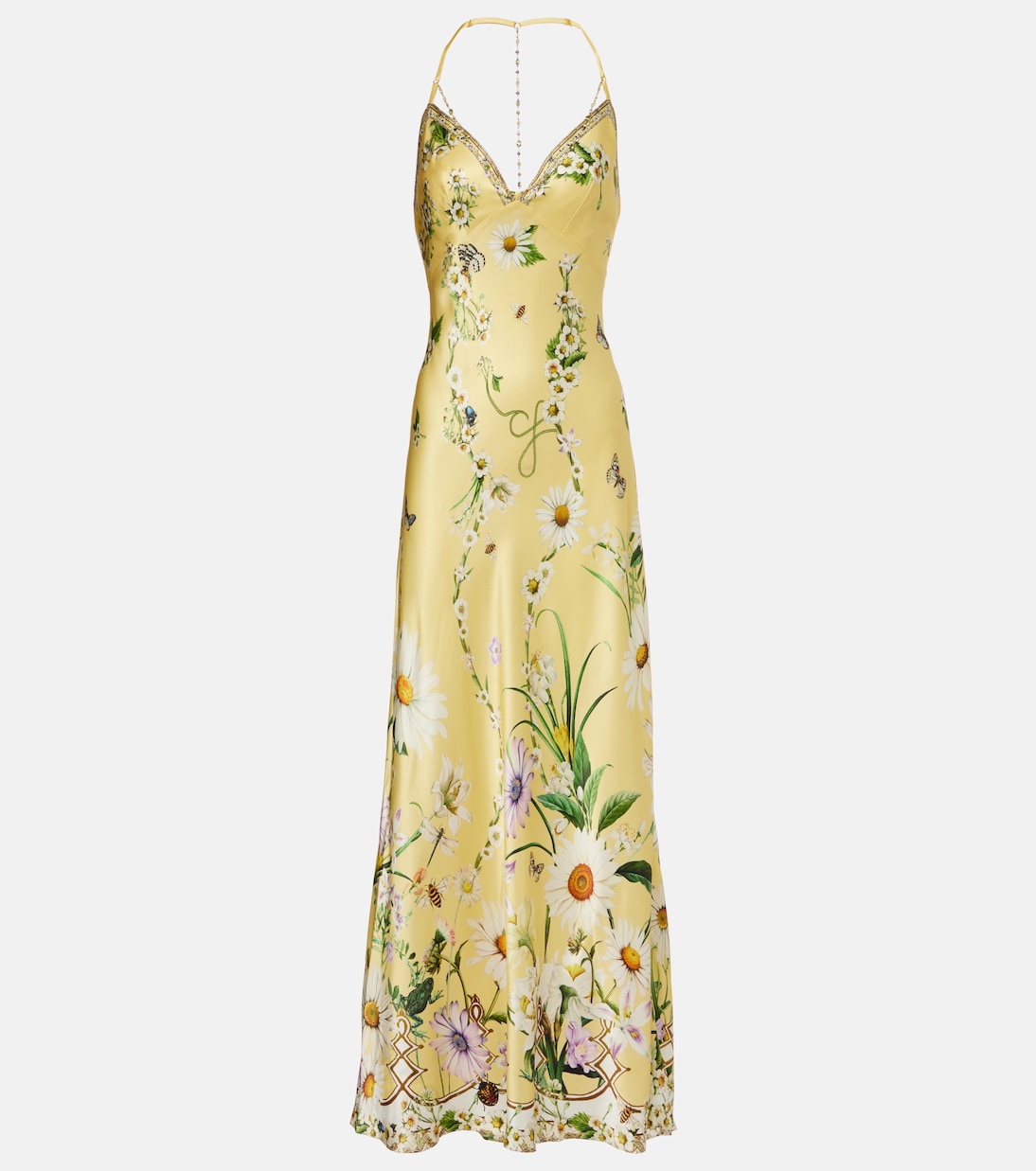 Floral Silk Satin Charmeuse Midi Dress in Yellow - Camilla