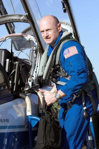 Astronaut Mark Kelly, STS-121 pilot, prepares for a flight in a NASA T-38 trainer jet at Ellington Field near Johnson Space Center.