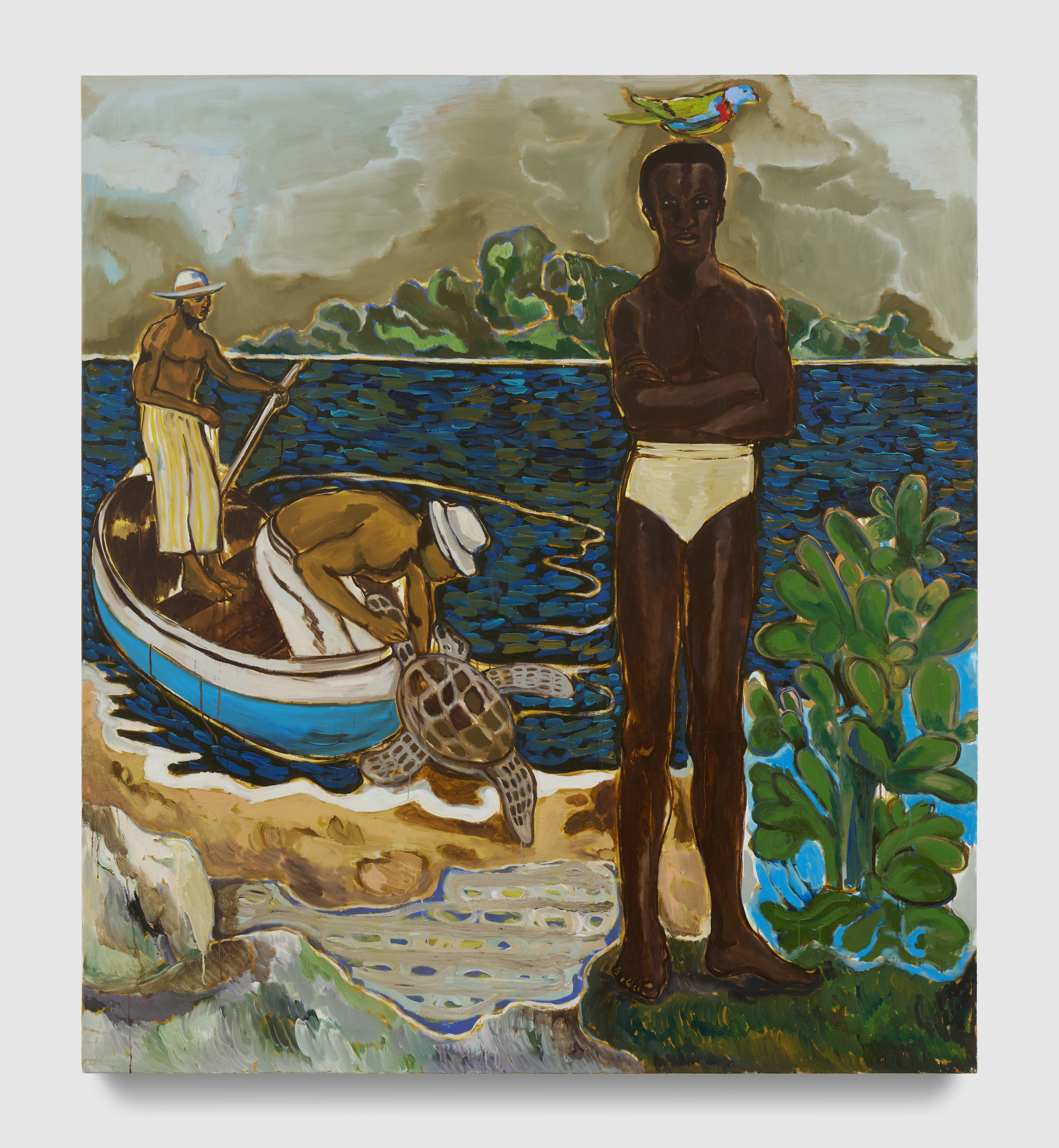 Gideon Appah oil painting of fishermen landing a catch