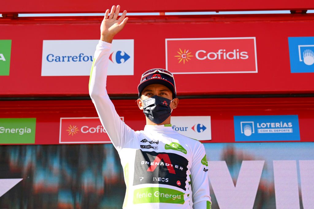 MOLINA DE ARAGON SPAIN AUGUST 17 Egan Arley Bernal Gomez of Colombia and Team INEOS Grenadiers celebrates winning the white best young jersey on the podium ceremony after the 76th Tour of Spain 2021 Stage 4 a 1639km stage from El Burgo de Osma to Molina de Aragn 1134m lavuelta LaVuelta21 on August 17 2021 in Molina de Aragn Spain Photo by Stuart FranklinGetty Images