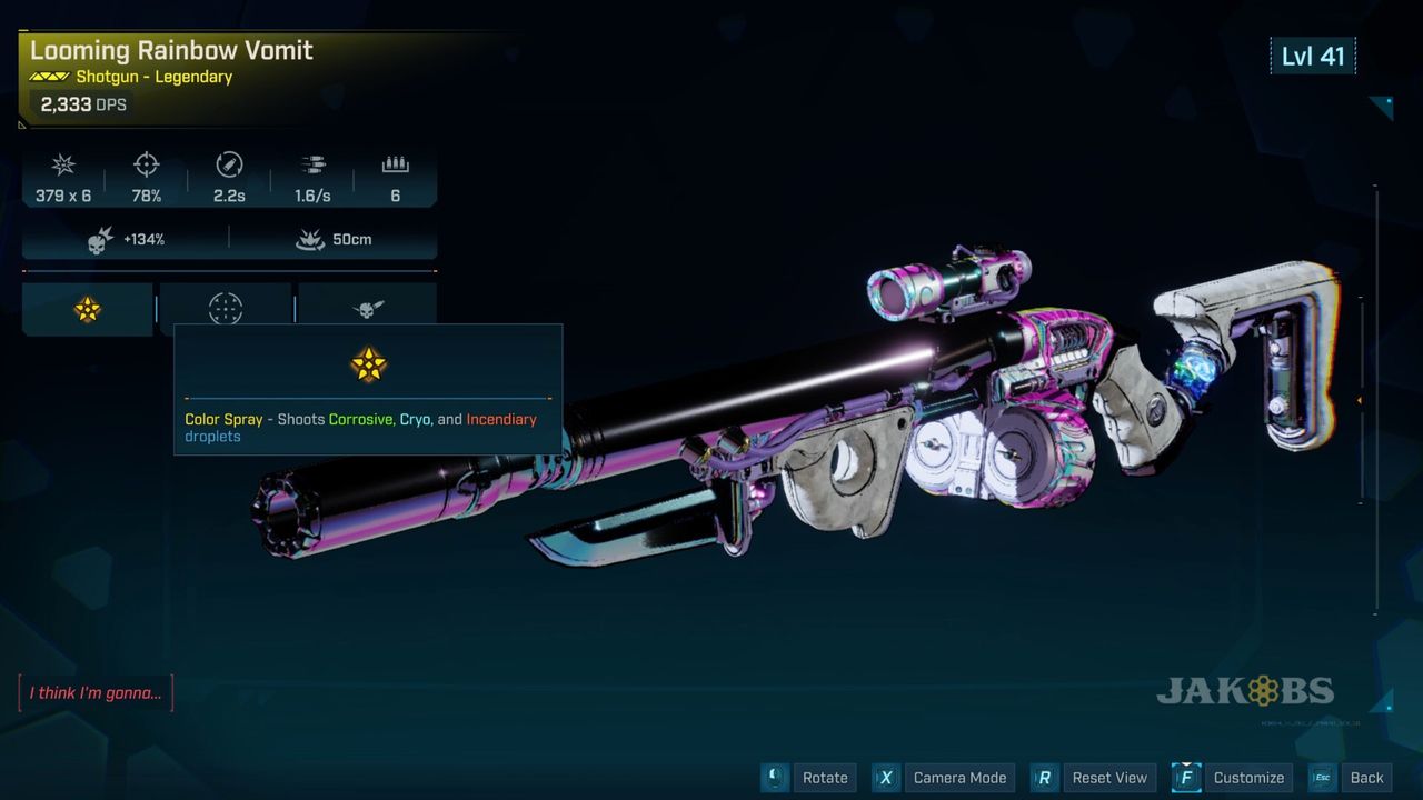 Borderlands 4 Rainbow Vomit location: The Rainbow Vomit legendary shotgun viewed in the inspection screen.