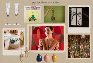 Various festive holiday gift ideas like Tiffany & Co champagne flutes; Kara Welch in a pink jacket