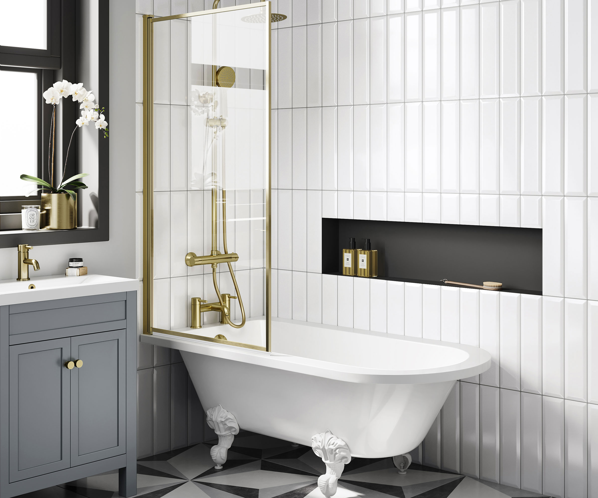 white and grey bathroom with rolltop bath and white rectangular wall tiles