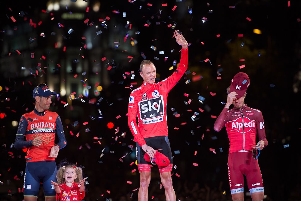Chris Froome, Vincenzo Nibali and Ilnur Zakarin on the 2017 Vuelta podium