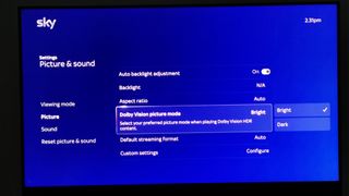 The Sky Glass TV picture and sound settings main screen