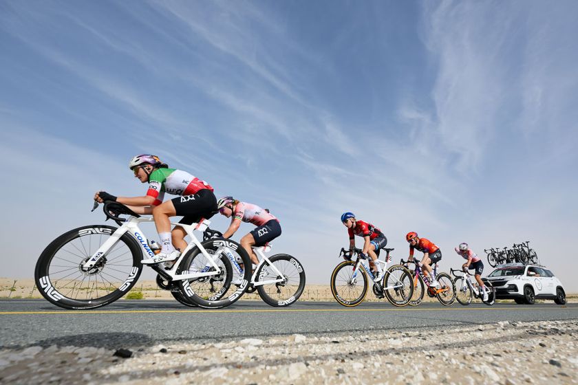 Elisa Longo Borghini and Lara Gillespie (UAE Team ADQ) lead the charge in breakaway on the record-breaking stage