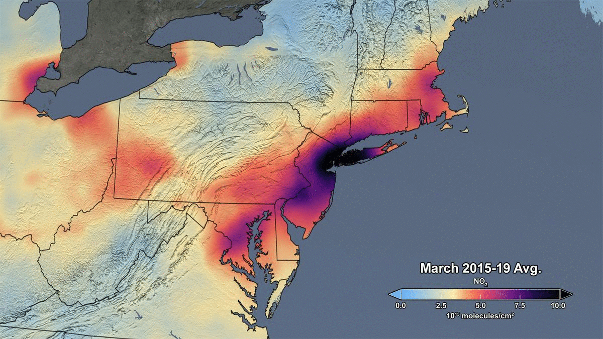 Data from the Ozone Monitoring Instrument on NASA's Aura satellite shows less air pollution over the Northeast United States in March 2020 compared to average values for the month of March between 2015 and 2019. 