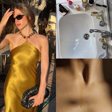 Photo collage of Jamie Chevron testing Elizabeth Arden's ceramide capsules, beauty products on a bathroom sink, and a woman with oil on her neck 