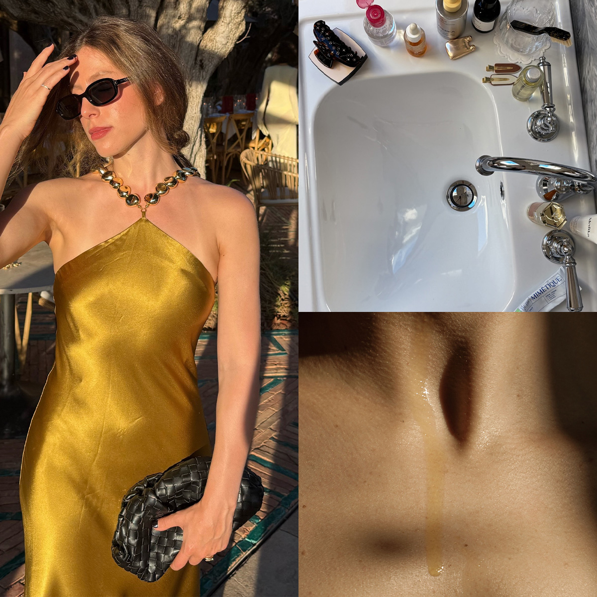 Photo collage of Jamie Chevron testing Elizabeth Arden's ceramide capsules, beauty products on a bathroom sink, and a woman with oil on her neck 