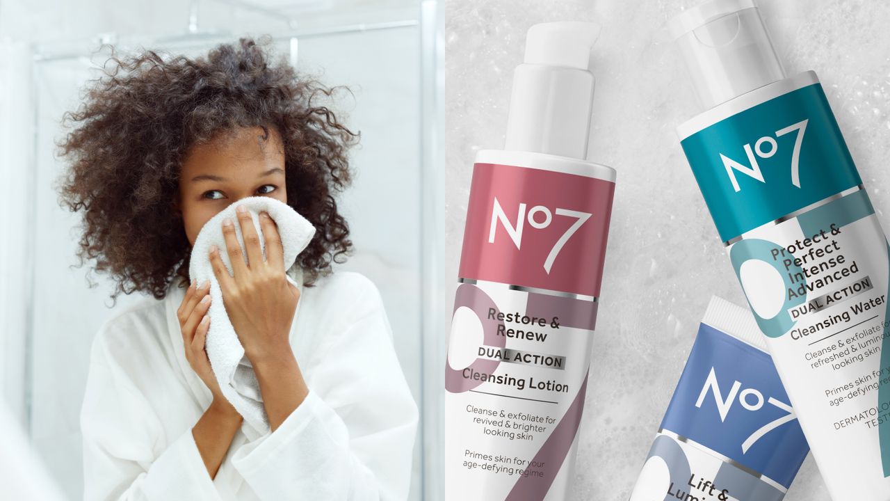 woman washing her face next to the new No7 Pro Age Cleansers