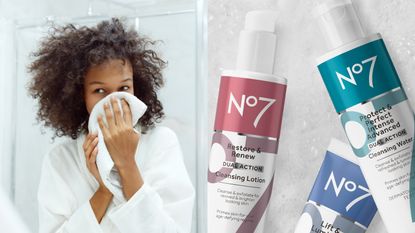 woman washing her face next to the new No7 Pro Age Cleansers