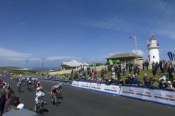 Riders sprint to the line for the lower placings on the stage in Warrnambool.