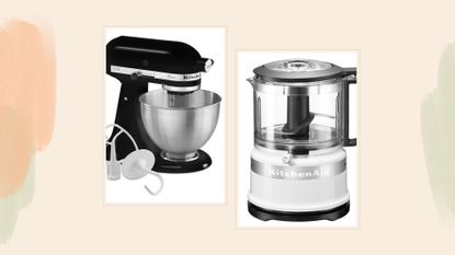 Compilation image with a painterly background with two KitchenAid sales items including a stand mixer and food processor