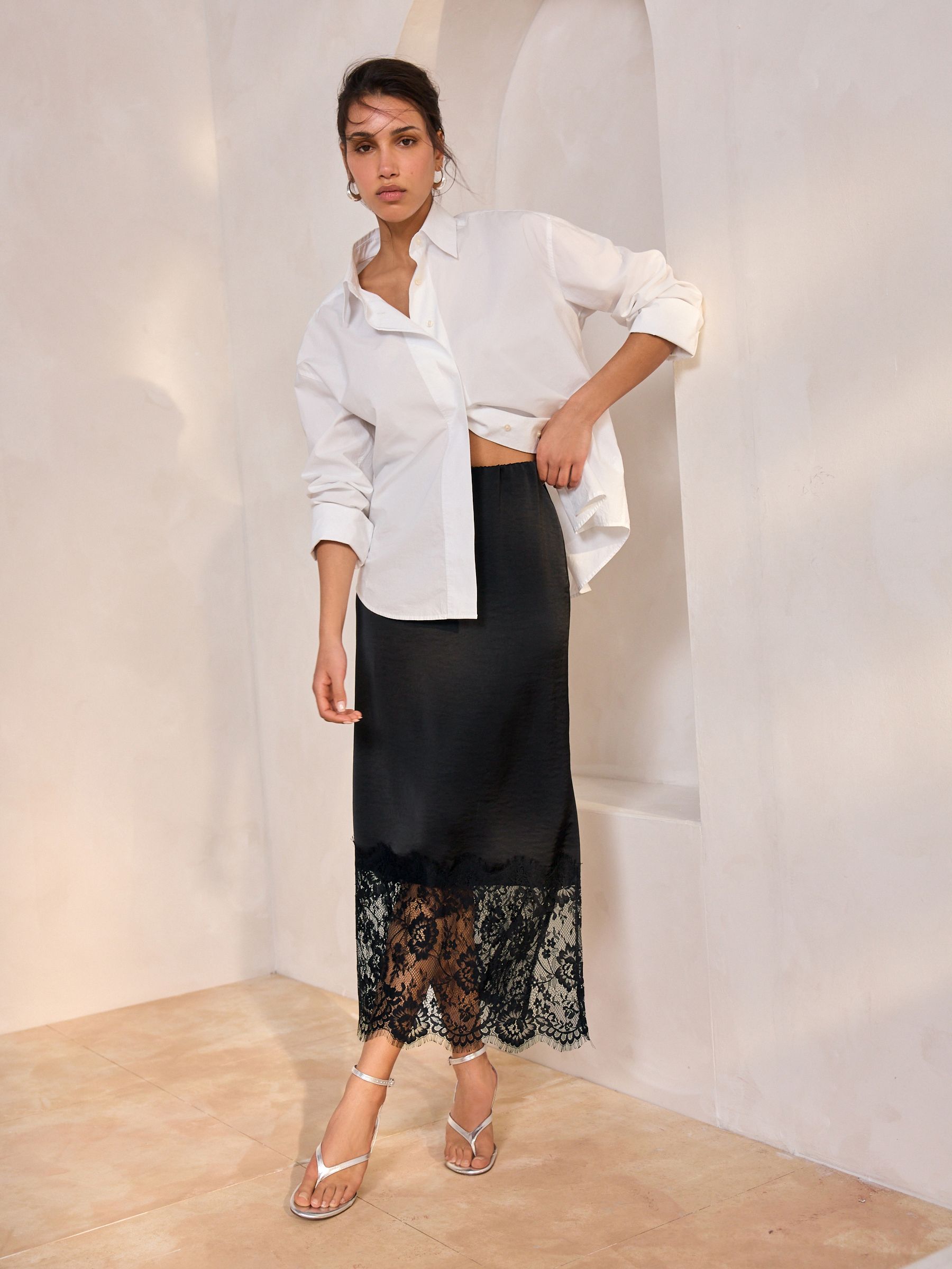 Black Satin Midi Skirt With Lace Trim