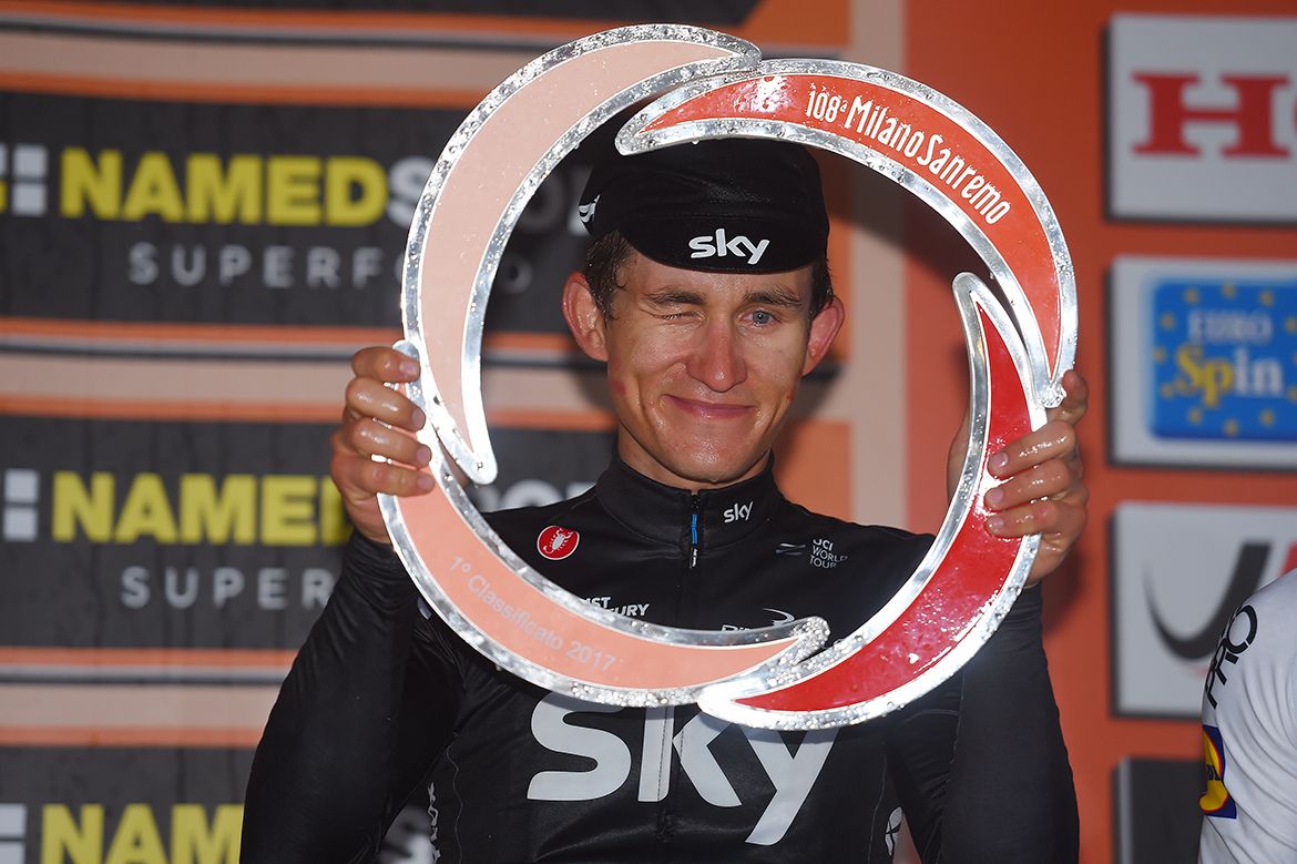 Michal Kwiatkowski (Team Sky) with the winner's trophy of Milan-San Remo