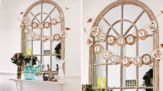 Mirror above a mantel ledge with a Happy Easter banner to suggest a simple Easter mantel decor idea