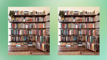 Two images of a bookshelf and utility cart with books