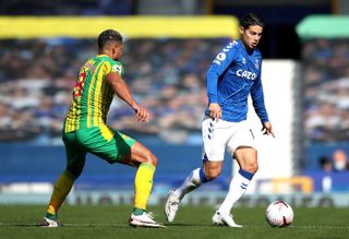 Everton’s James Rodriguez (right) and West Bromwich Albion’s Jake Livermore battle for the ball during the Premier League match at Goodison Park, Liverpool
