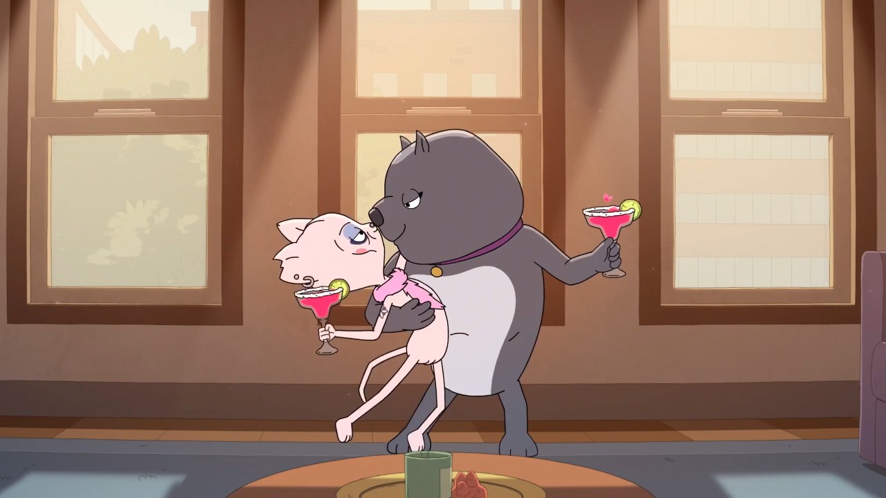 An animated pink cat and gray dog embrace while drinking cocktails in the cartoon Kevin.