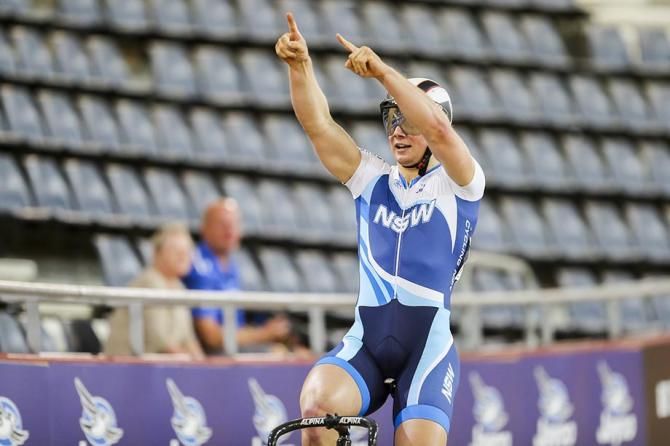 Mitchell Bullen celebrates a win in the sprint.