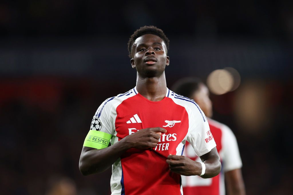 Bukayo Saka of Arsenal celebrates scoring his team&#039;s second goal during the UEFA Champions League 2024/25 League Phase MD2 match between Arsenal FC and Paris Saint-Germain at Emirates Stadium on October 01, 2024 in London, England.