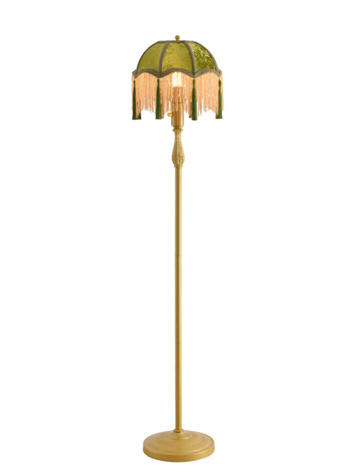 Vintage Floor Lamp With Green Tasseled Shade