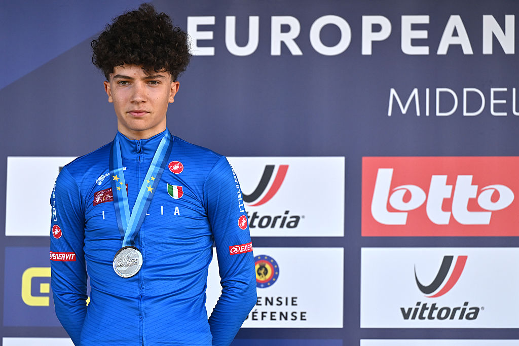Patrik Pezzo Rosola after taking second place at the 2025 Junior European Cyclo-cross Championships 2025 in Middelkerke, Belgium. (Photo by Luc Claessen/Getty Images)