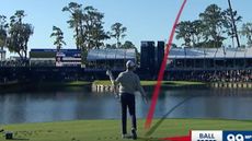 Patton Kizzire shanks his tee shot at the 17th at TPC Sawgrass - the island hole - to end up deep in the water on his way to a double-bogey 5