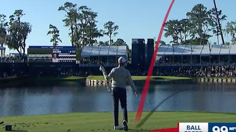 Patton Kizzire shanks his tee shot at the 17th at TPC Sawgrass - the island hole - to end up deep in the water on his way to a double-bogey 5